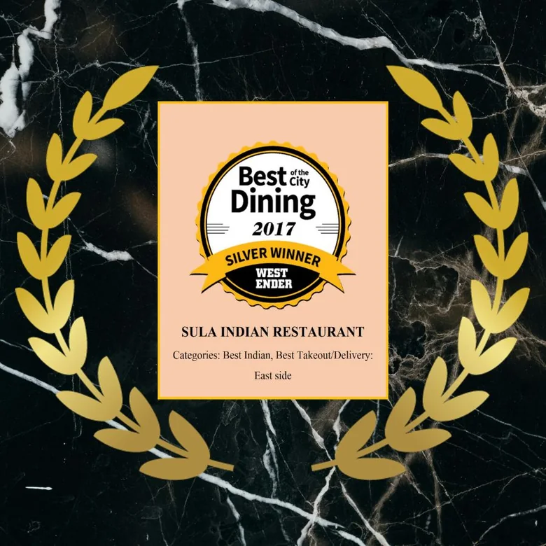Westender Best of the City Dining 2017, Silver Winner for Best Indian and Best Takeout, Sula