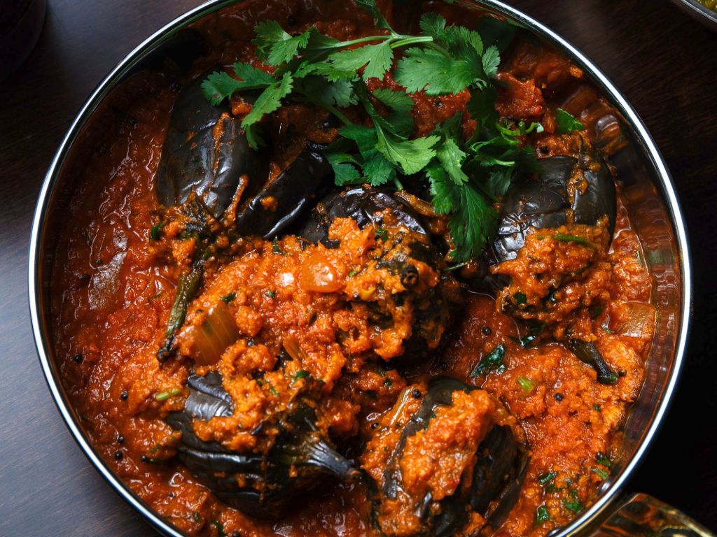 Rich Bhagara Baingan (spiced eggplant curry) dish.