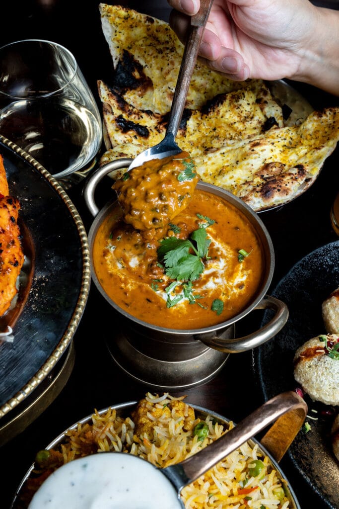 Healthy plant-based assortment of Indian dishes.